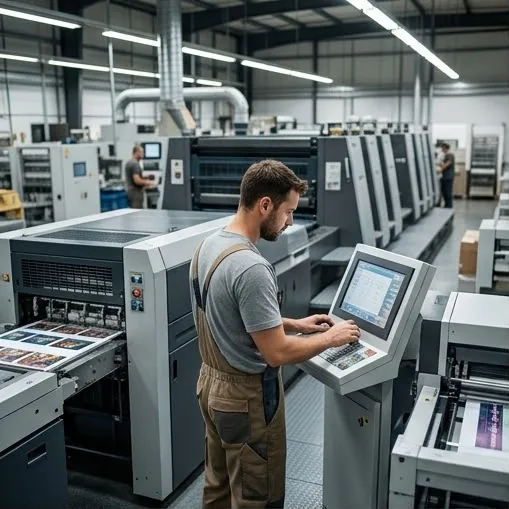 Press operator at the console of a multi-unit offset press