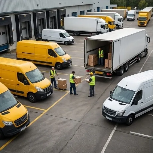 Cartons of books being loaded onto delivery vans and a lorry
